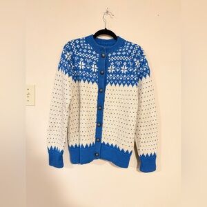 Handmade Vintage Nordic Fair Isle Cardigan | Blue & Cream | Cozy Wool Knit